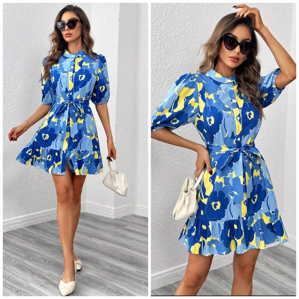 SHEIN Floral Print Ruffle Hem Belted Dress